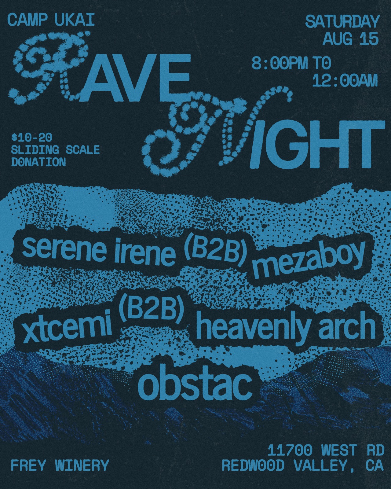 Rave Night flyer — serene irene (b2b) mezaboy, xtcemi (b2b) heavenly arch, obstac